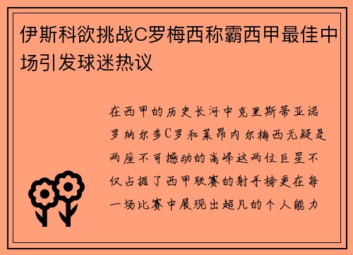 伊斯科欲挑战C罗梅西称霸西甲最佳中场引发球迷热议
