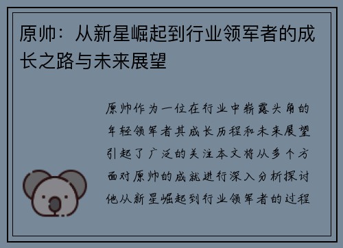 原帅：从新星崛起到行业领军者的成长之路与未来展望