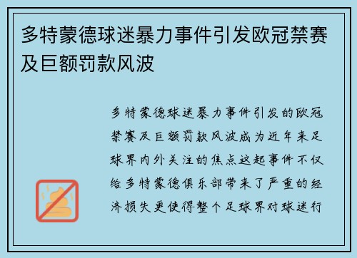 多特蒙德球迷暴力事件引发欧冠禁赛及巨额罚款风波